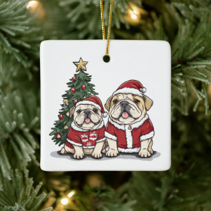Christmas English Bulldog Santa Hats Ceramic Ornament