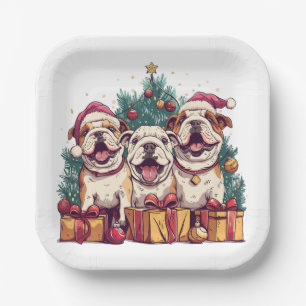 Christmas English Bulldog Santa Hats Paper Plate