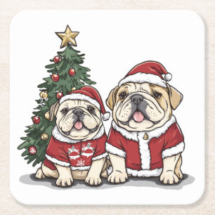 Christmas English Bulldog Santa Hats Square Paper Coaster