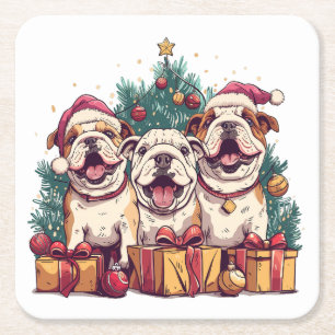 Christmas English Bulldog Santa Hats Square Paper Coaster