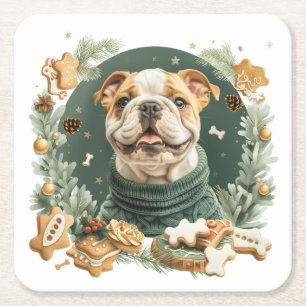 Christmas English Bulldog Square Paper Coaster