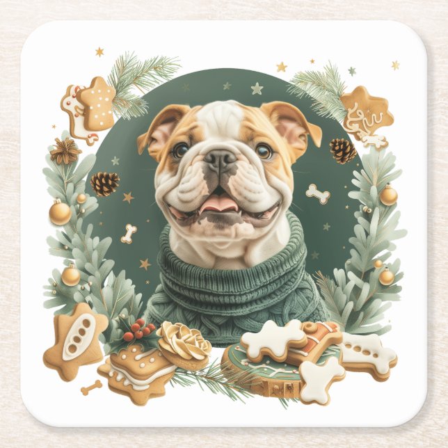 Christmas English Bulldog Square Paper Coaster (Front)