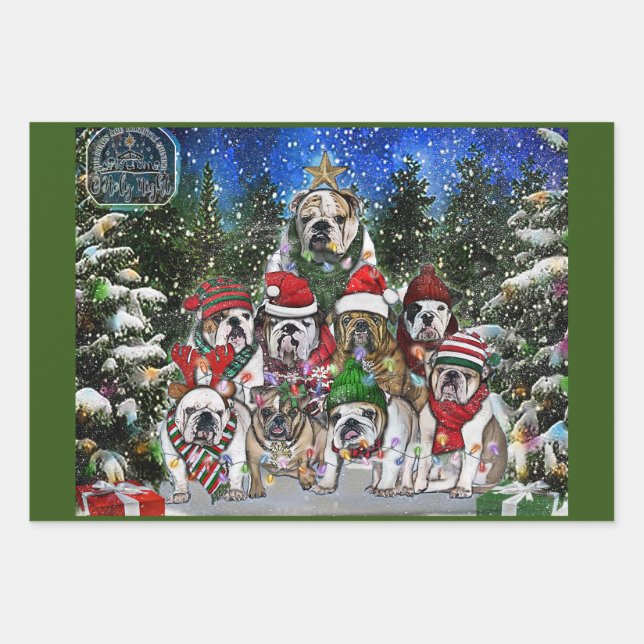 Christmas English Bulldog Tree Wrapping Paper Sheet (Front)