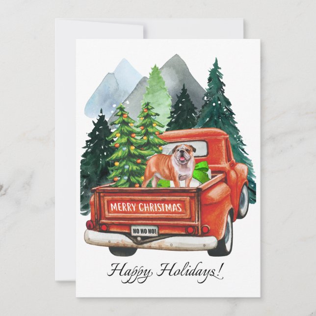 Christmas English Bulldog & Vintage Truck Watercol Holiday Card (Front)