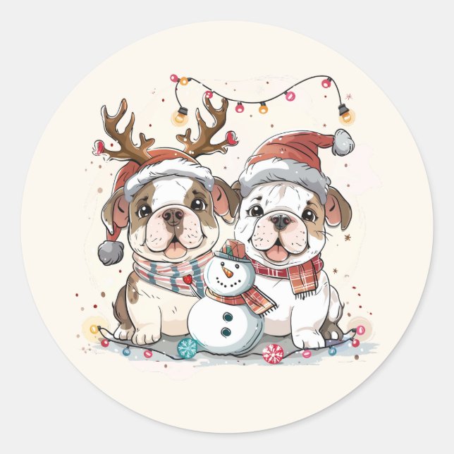 Christmas English Bulldogs Classic Round Sticker (Front)