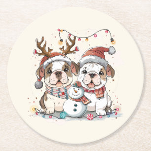 Christmas English Bulldogs Round Paper Coaster