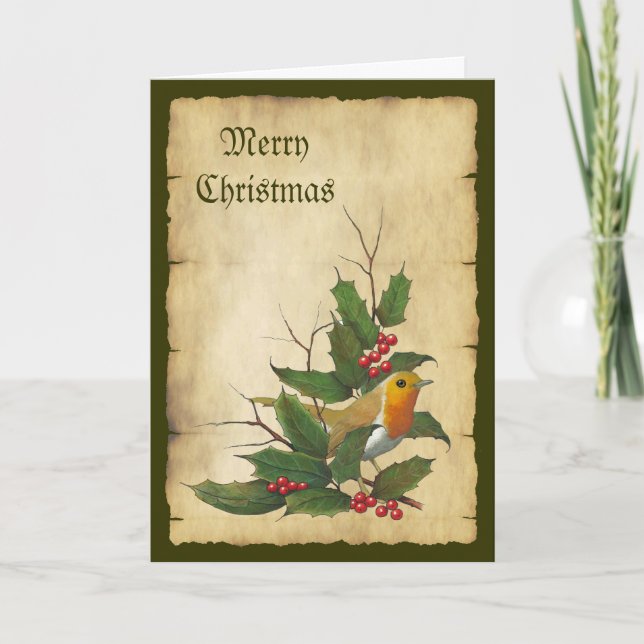 Christmas: English Robin, Parchment, Holly, Twigs Holiday Card (Front)
