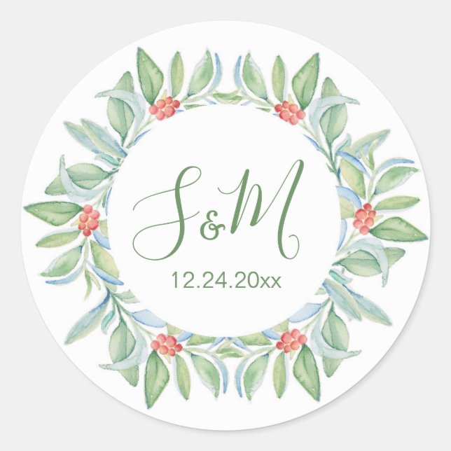 Christmas Envelope Seal, Greenery & Berries Classic Round Sticker (Front)
