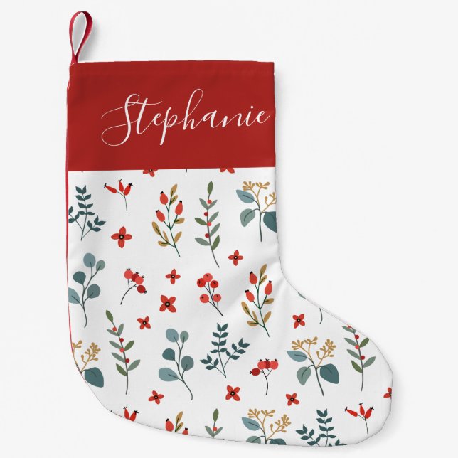 Christmas Eucalyptus Berries Floral Red Small Christmas Stocking (Front)