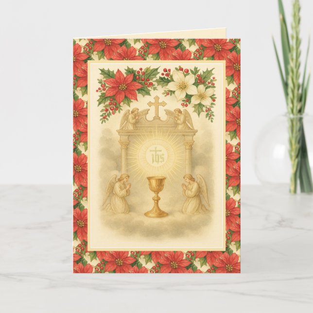 Christmas Eucharistic Adoration with Angels Holiday Card (Front)
