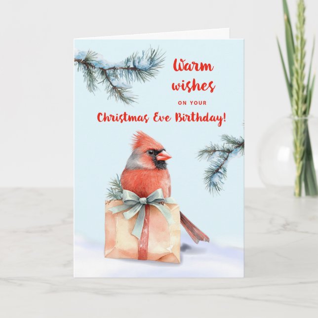 Christmas Eve Birthday Cardinal Gift on Watercolor Card (Front)