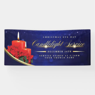 Christmas Eve Candlelight Poinsettia Blue Church Banner