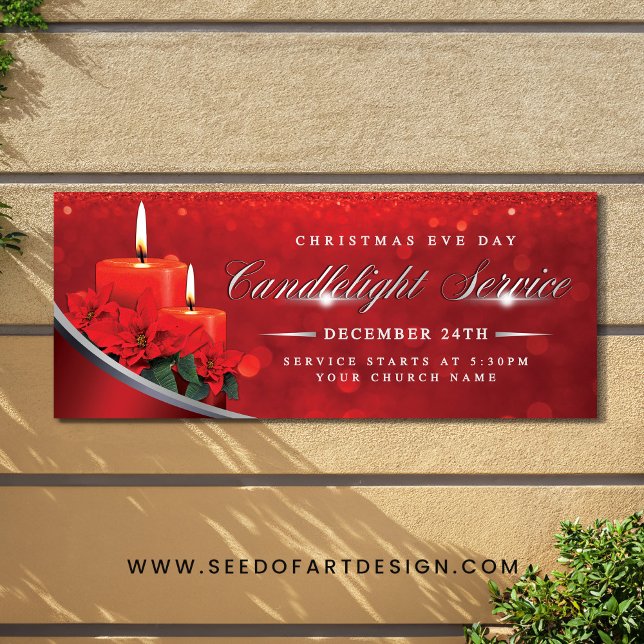 Christmas Eve Candlelight Poinsettia Red Church Banner (Creator Uploaded)