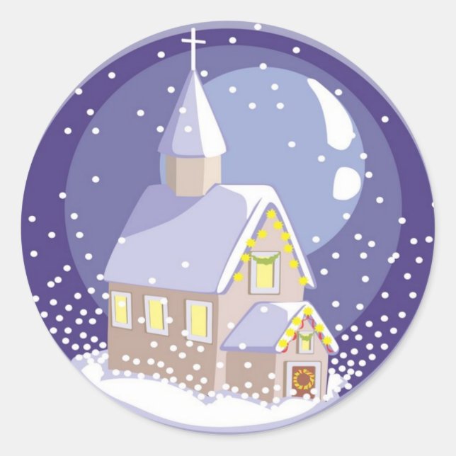 Christmas Eve Church Snow Covered Classic Round Sticker (Front)