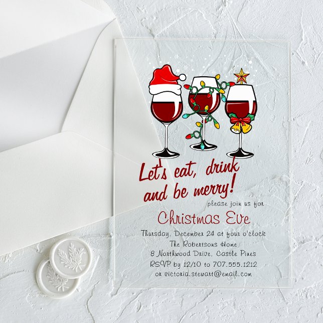 Christmas Eve Dinner Cocktails Wine Glasses Acrylic Invitations (Creator Uploaded)
