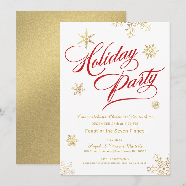 Christmas Eve Dinner Party Elegant Red & Gold Invitation (Front/Back)