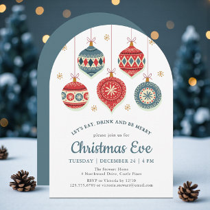 Christmas Eve Dinner Red Blue Ornaments Invitation