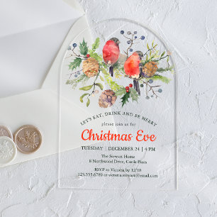 Christmas Eve Dinner Watercolor Bullfinch Floral Acrylic Invitations
