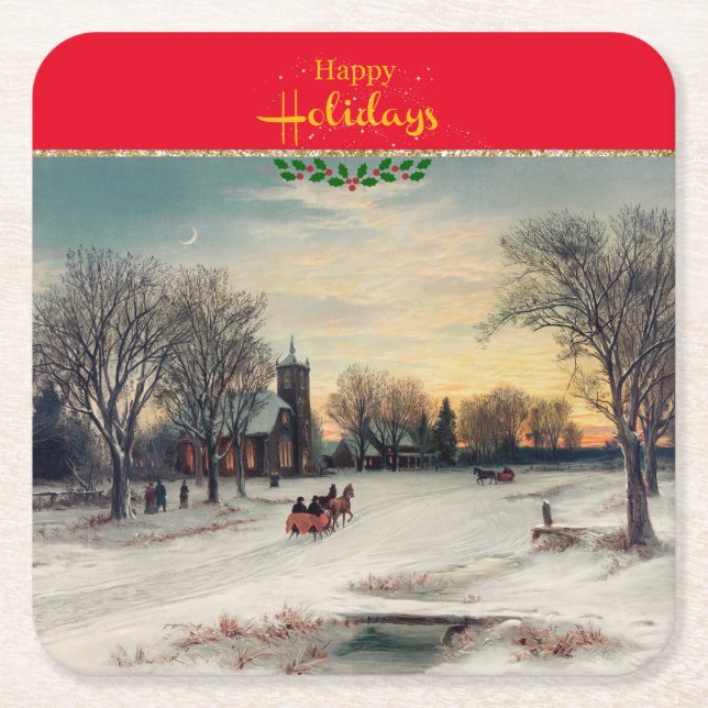 Christmas Eve, fine art, Square Paper Coaster (Front)
