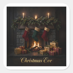 Christmas Eve Fireplace Square Sticker