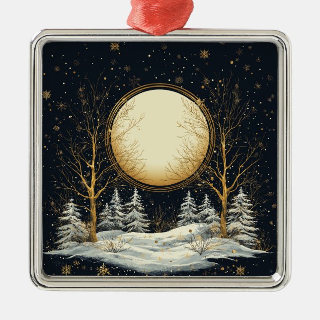 Christmas Eve Full Moon Pine Trees Snow Metal Tree Decoration (Front)