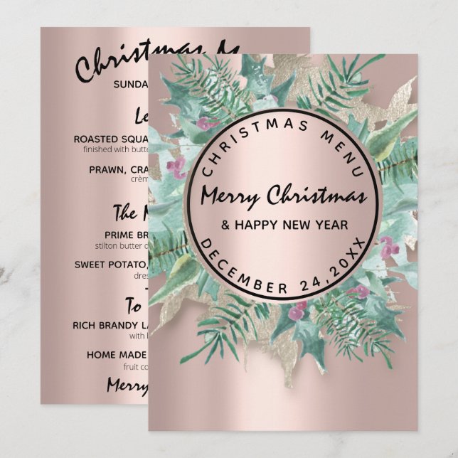 Christmas Eve Holiday Winter Menu Rose Floral (Front/Back)