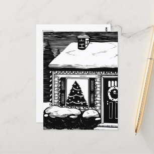 Christmas Eve House Tree in Window Black & White Postcard