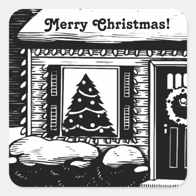 Christmas Eve House Tree in Window Black & White Square Sticker (Front)