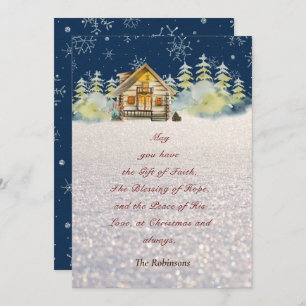 Christmas Eve Log Cabin Green Fur Trees Snowflakes Holiday Card