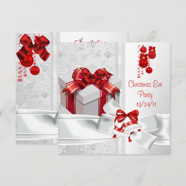Christmas Eve Party Elegant Lace White Red Ribbon Invitation (Front/Back)