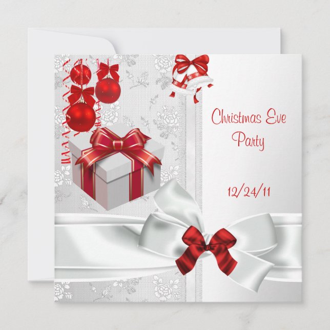 Christmas Eve Party Elegant Lace White Red Ribbon Invitation (Front)