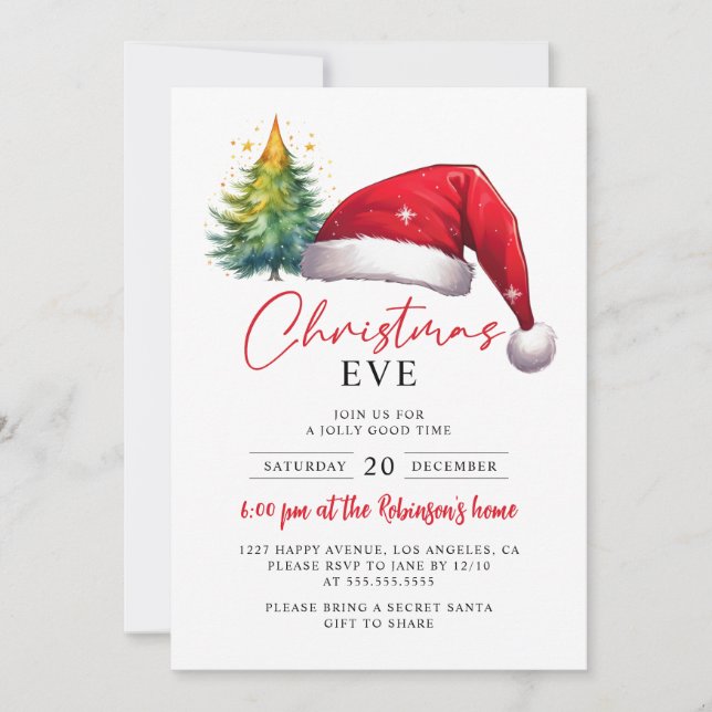 Christmas Eve Red Santa Hat Tree Stars Invitation (Front)
