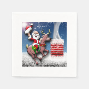 Christmas Eve Santa Reindeer Snowy Rooftop Chimney Napkin