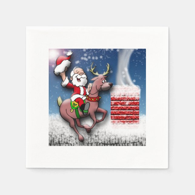 Christmas Eve Santa Reindeer Snowy Rooftop Chimney Napkin (Front)