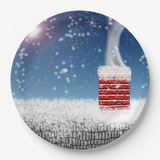 Christmas Eve Snowy Winter Chimney Rooftop Paper Plate (Front)