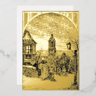 Christmas Eve Village Vintage Victorian Era 1845 Foil Holiday Card