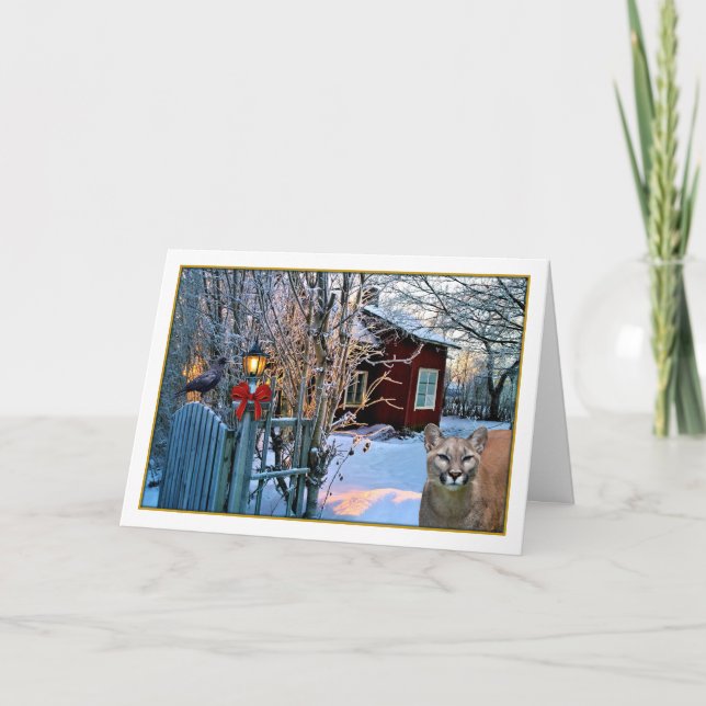 Christmas Eve Visitors (Cougar and Crow) Holiday Card (Front)