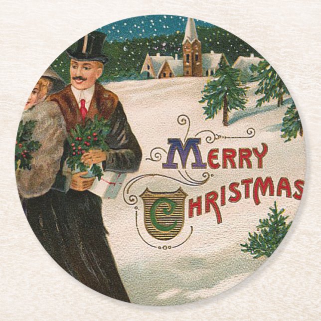 Christmas Eve Walk Christmas Round Paper Coaster (Front)