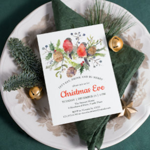 Christmas Eve Watercolor Bullfinch Floral Dinner Invitation