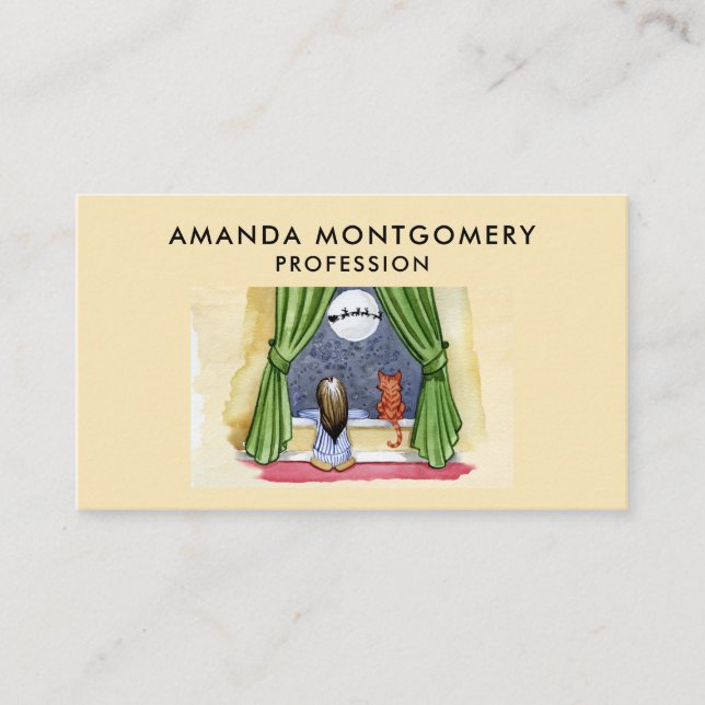 Christmas Eve Watercolor Cute Child & Kitty Cat Business Card (Front)