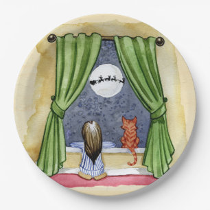 Christmas Eve Watercolor Cute Child & Kitty Cat Paper Plate