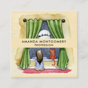 Christmas Eve Watercolor Cute Child & Kitty Cat Square Business Card