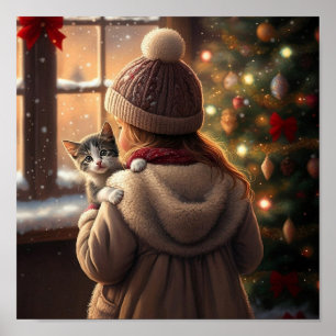 Christmas eve with a tree and a kitten poster