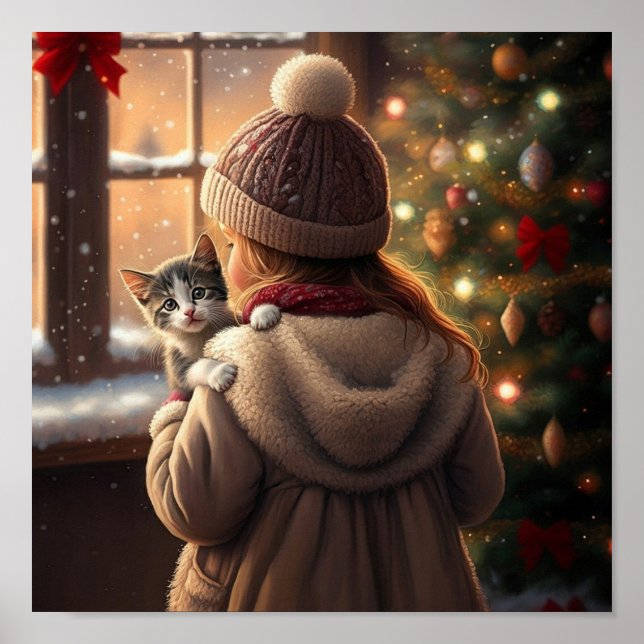 Christmas eve with a tree and a kitten poster (Front)