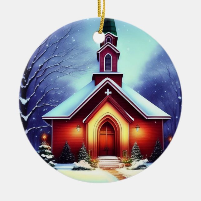  Christmas Evening Church Ceramic Tree Decoration (Front)