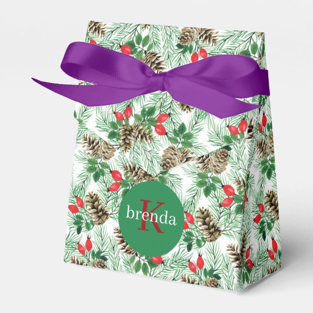 Christmas evergreen and pinecones pattern favour box (Front Side)