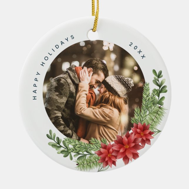 Christmas Evergreen and Poinsettia Photo Ceramic Tree Decoration (Front)