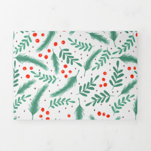Christmas Evergreen Boughs and Holly Berries Tri-Fold Holiday Card