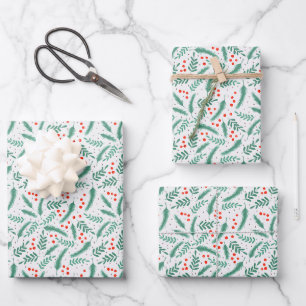 Christmas Evergreen Boughs and Holly Berries Wrapping Paper Sheet