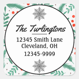 Christmas Evergreen Boughs Holly Return Address Square Sticker